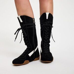 Womens Suede Lace Up Tall Boxing Boots - Retro Style Knee-High Streetwear-Black